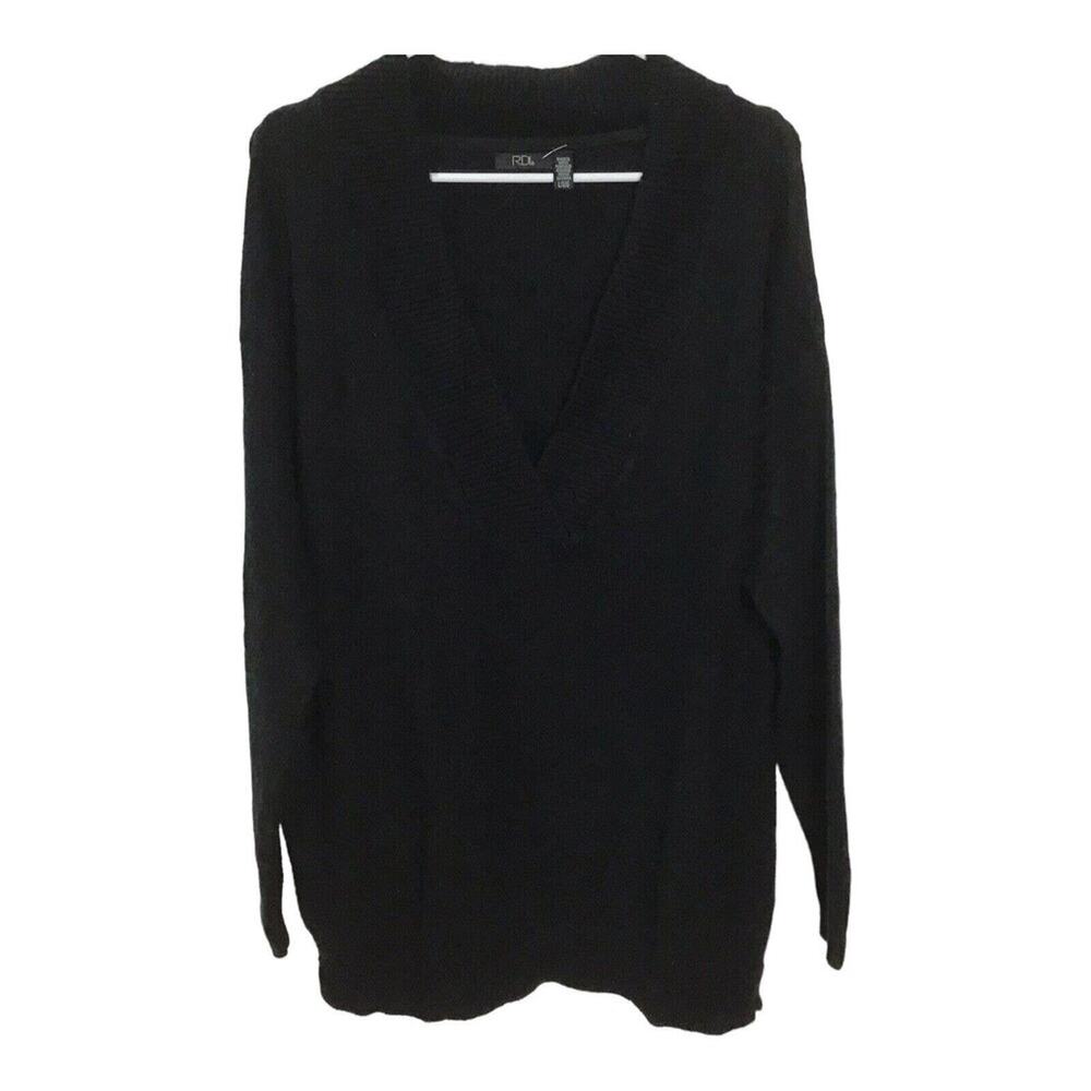 RDI Womens Medium Oversized Sweater Black V-Neck Long Sleeve Knit NWOT